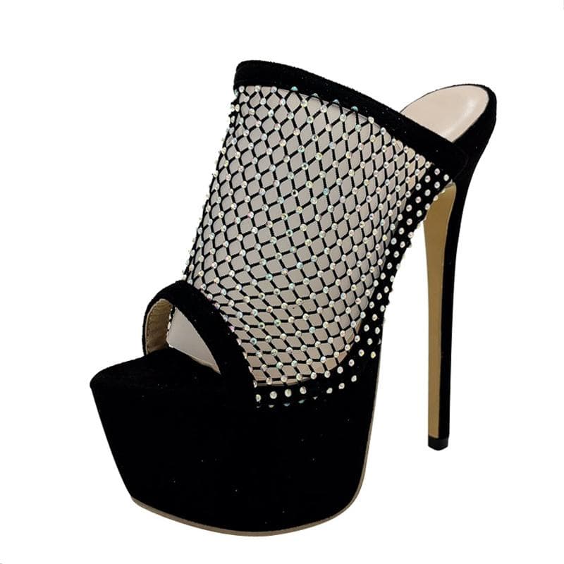 Liyke Summer Fashion Crystal Mesh Women Extreme High Heels Platform Slippers Sexy Peep Toe Party Stripper Shoes Female Black 35 black