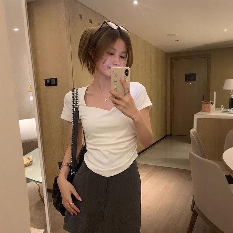 Short-sleeved T-shirt for Women's Summer New Korean Style Pure Desire Style Design Niche Slim Fit Irregular Top XL
