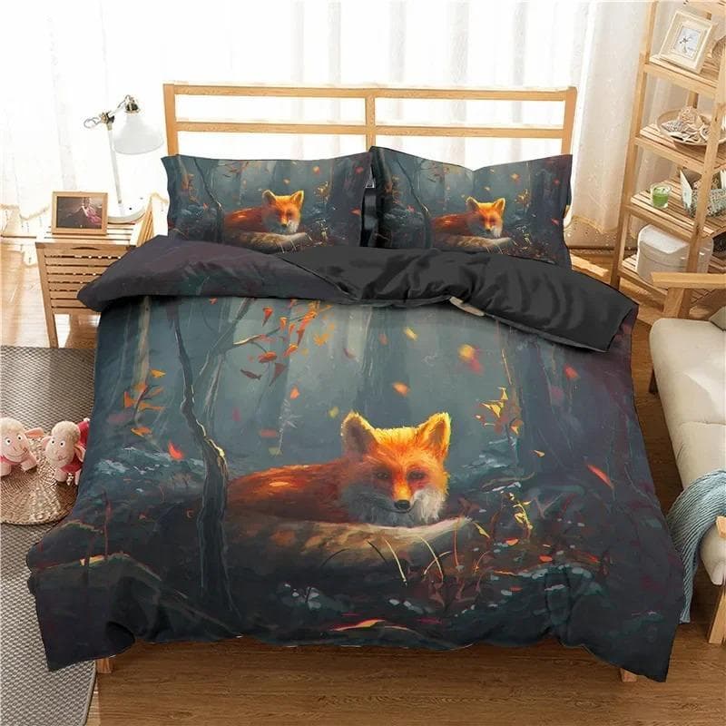 Cartoon Fox Bedding Set Cute Fox with Flower Feather Headband Duvet Cover Twin Full Queen King Polyester Duvet Cover Girls Boys US Full 200x230cm