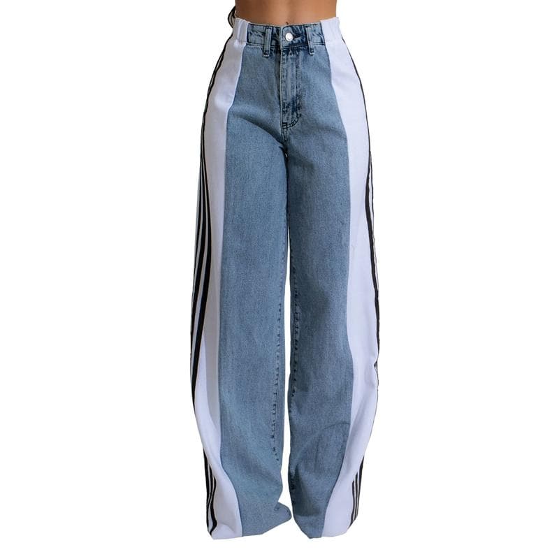 High Waisted Denim Women's Drawstring Elastic Waist, Loose Elastic Denim Straight Leg Pants S white