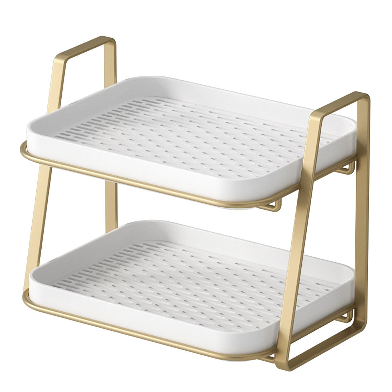 2 Tier Dish Rack White Tray Dry Shelf Kitchen Storage Desktop Organizer Metal Rack with Plastic
