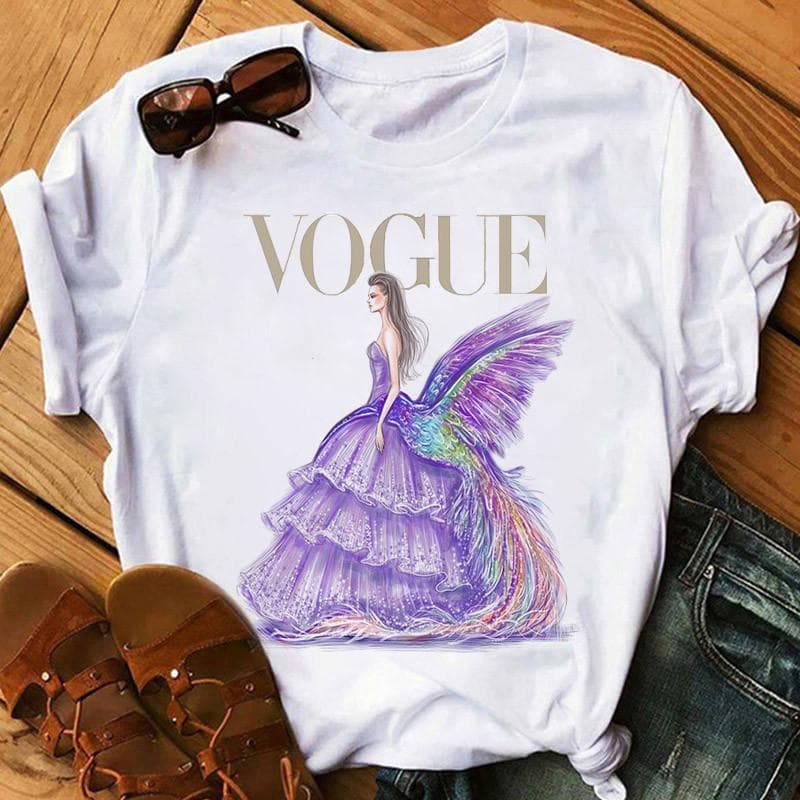 Women Summer T Shirt  Vogue Print Retro Fashion Short Sleeve Tees Casual   Printed  Tops XS purple