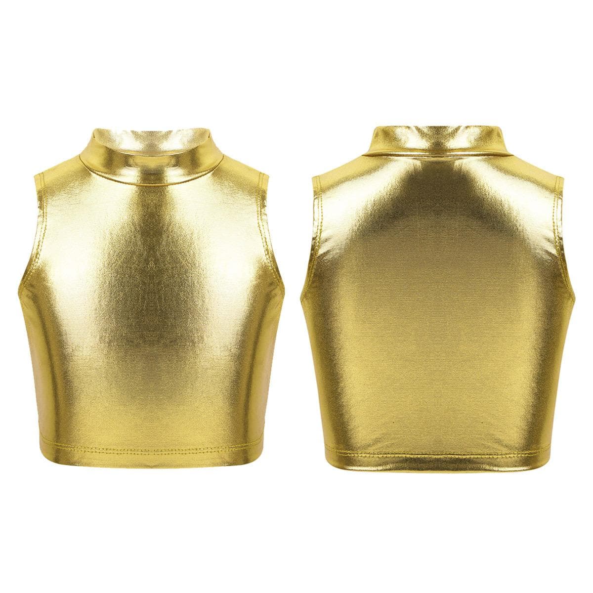 Big Girls Shiny Metallic High Turtleneck Cropped Tank Top Cami Tees for Yoga Dance Gym Sport Bra 9-10 Years gold