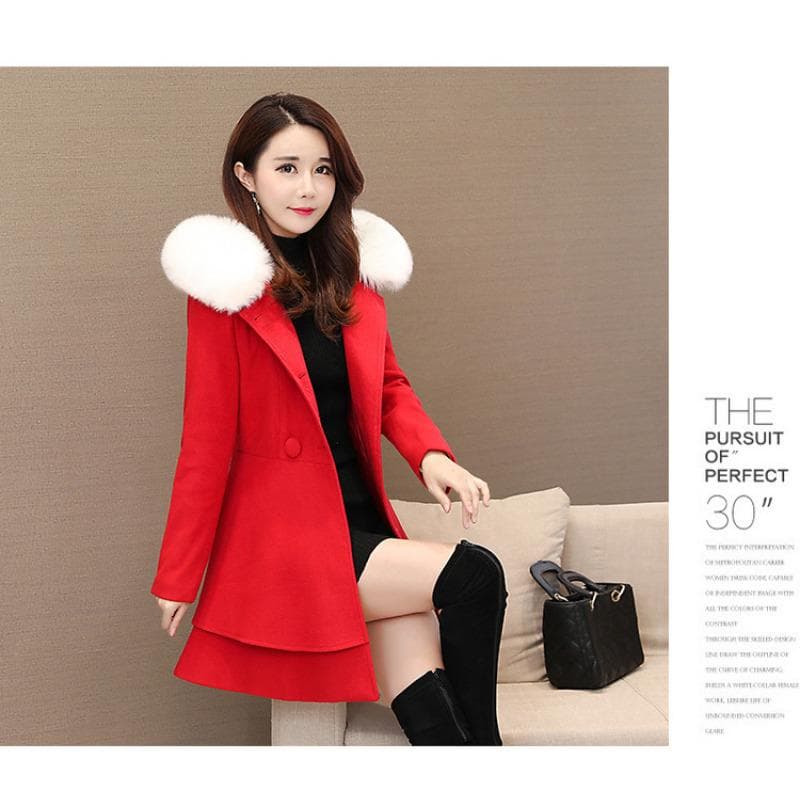 Women's Fur Collar Woolen Coat Coat Korean Version Slim Fit XL red