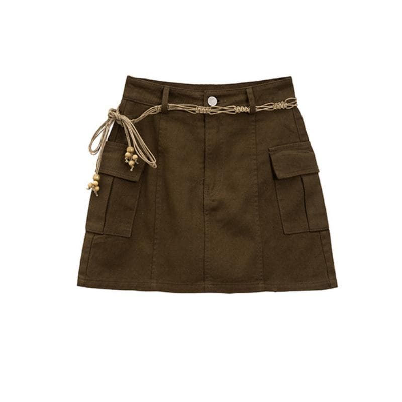 Tooling Denim Half Skirt Women's Spring and Summer High Waist A-line Package Buttock Short Culottes 3XL brown