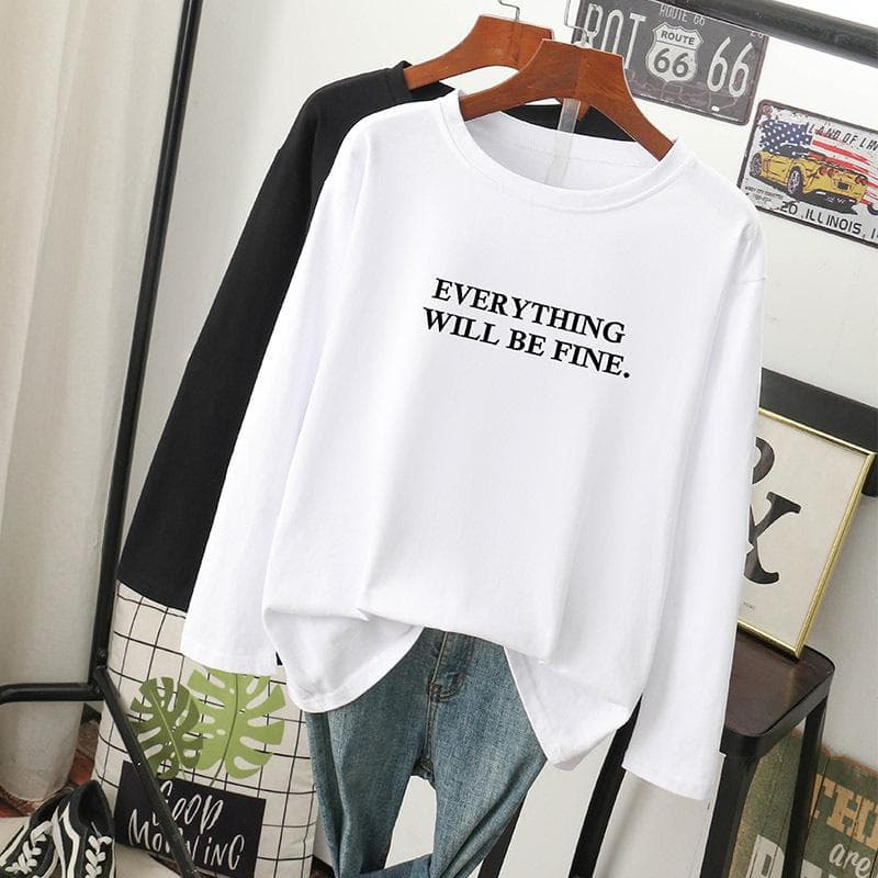 Women's 2024 Loose-Fit Long-Sleeve White Cotton T-Shirt - Versatile Spring/Autumn Fashion Extra Extra Large
