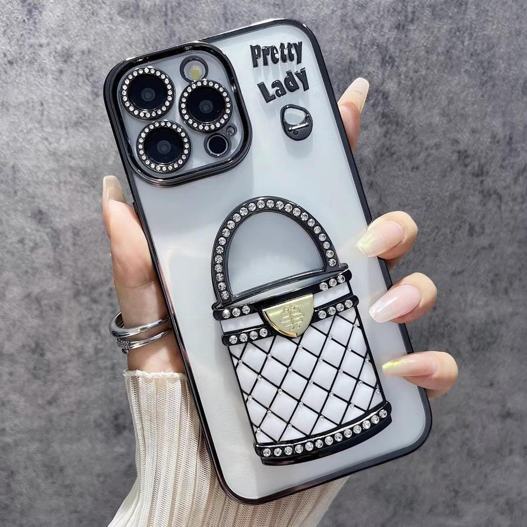 Applicable To IPhone 16 Small Fragrance Bag Makeup Mirror Bracket Mobile Phone Case Apple 15 ProMax Rhinestone Soft Shell 14 iPhone12proMax black