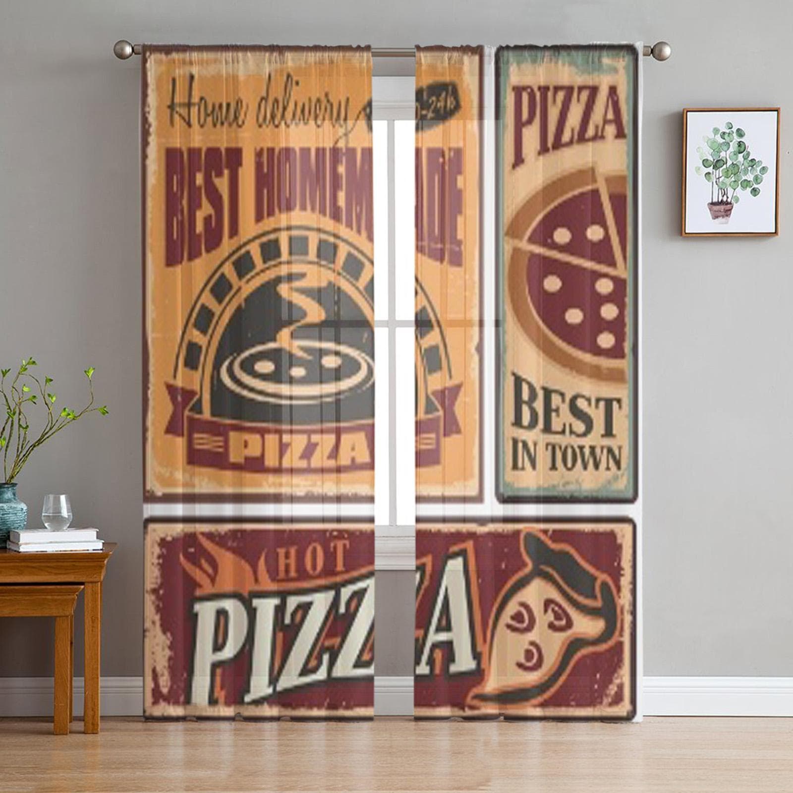 Retro Metal Signs Set For Pizzeria Or Italian Restaurant Sheer Curtains for Living Room Bedroom Window Voiles Tulle Curtain 135W x 114H(cm)