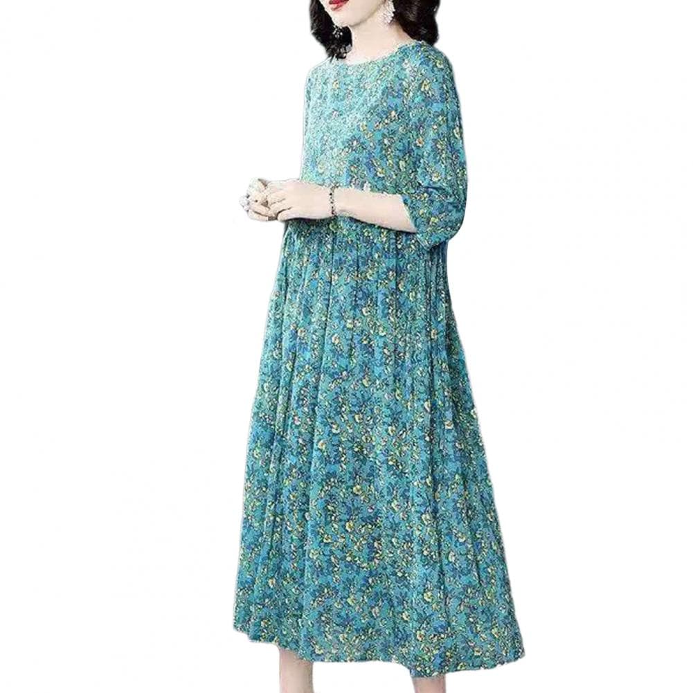 Floral Dress Elegant Floral Print A-line Midi Dress with Half Sleeves Round Neck for Plus Size Women for Dating Commuting XL blue