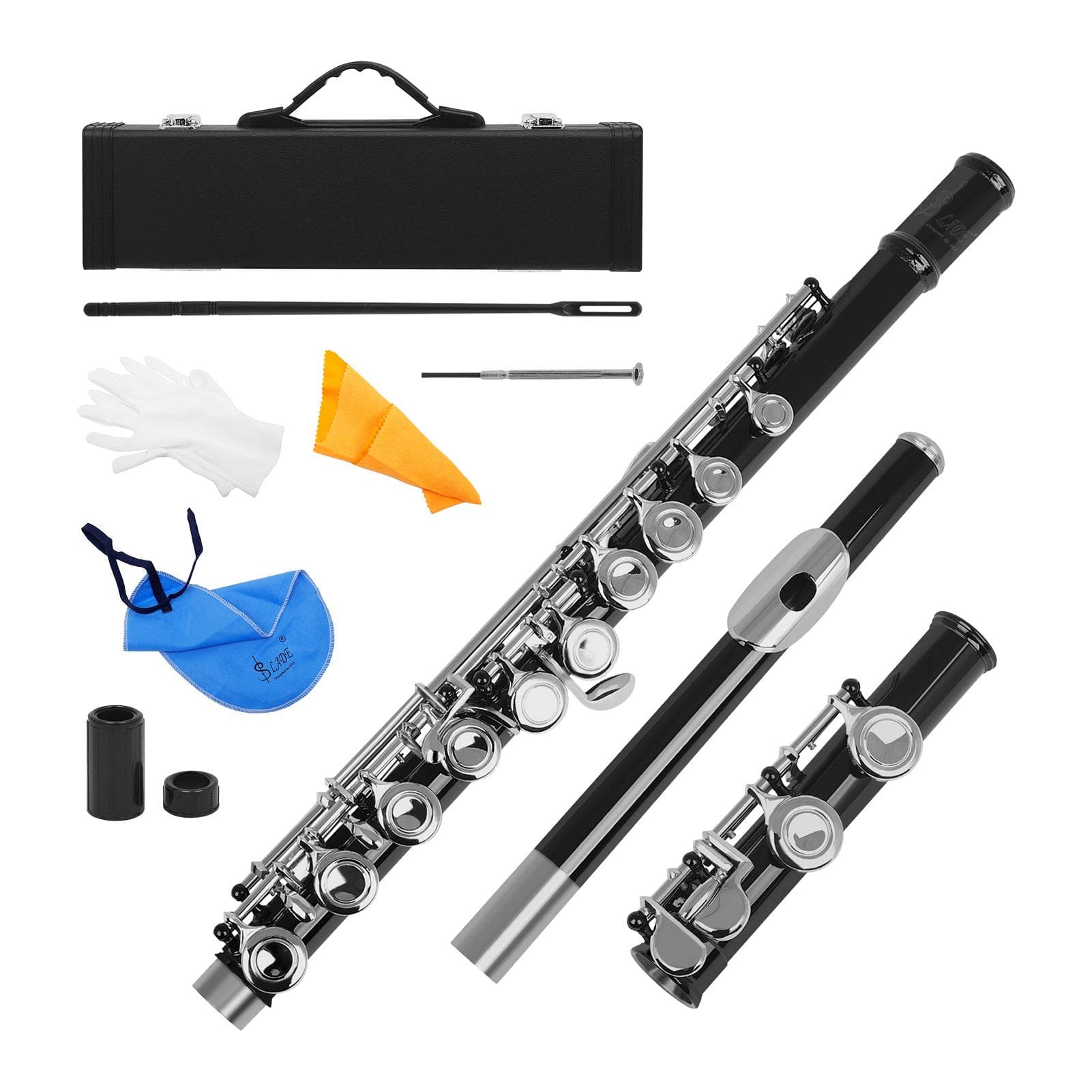 Western Concert Flute Cupronickel Nicke Plated 16 Holes C Key Woodwind Instrument with Cleaning Cloth Stick Gloves Mini Screwdriver Padded Case