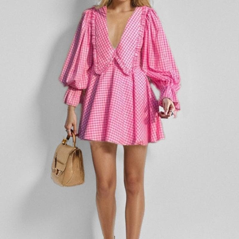 New Women's Fashion Temperament Design Plaid Lantern Sleeve Dress 3XL pink