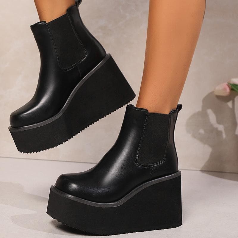 Women Leather Wedges Ankle Boots Platform Super High Heels Shoes Woman 2025 Trend Winter Fashion Motorcycle Boots Mujer Botas 40 black