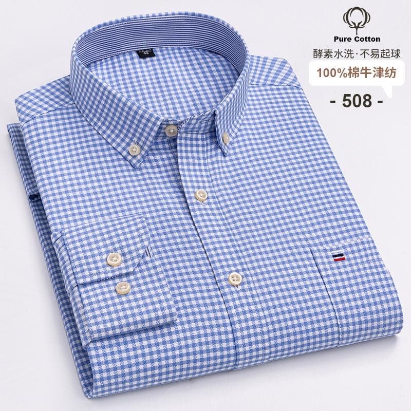 100% Cotton Oxford Men's Shirts Long Sleeves Plaid Soft Regular Fit Formal Dress Shirt Pocket Social Blouse Male Clothes S-7XL 3XL