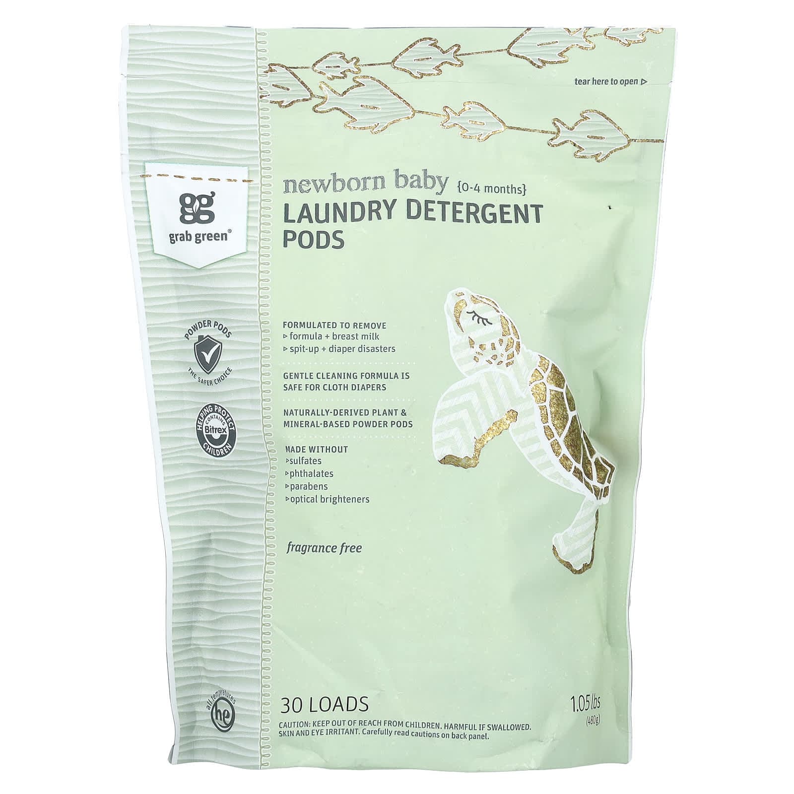 Grab Green, Newborn Baby Laundry Detergent Pods, 0 - 4 Months, Fragrance-Free, 30 Servings, 1.05 lbs (480 g)