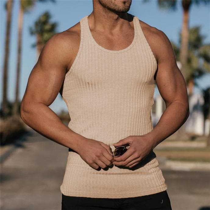 Summer Men Vest Gym Top Sleeveless Shirt Fitness Sports Vest M khaki