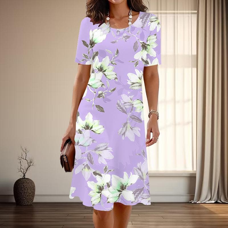Women's Fashion Graceful Flower Print Summer Spring Short Sleeve O-Neck Casual Dresses 4XL purple