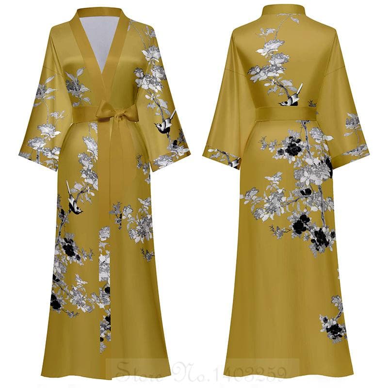 Chinese Style Print Women Long Robe Nightgown Retro Satin Sleepwear Nightdress Half Sleeve Kimono Bathrobe Gown Loose Home Wear One size