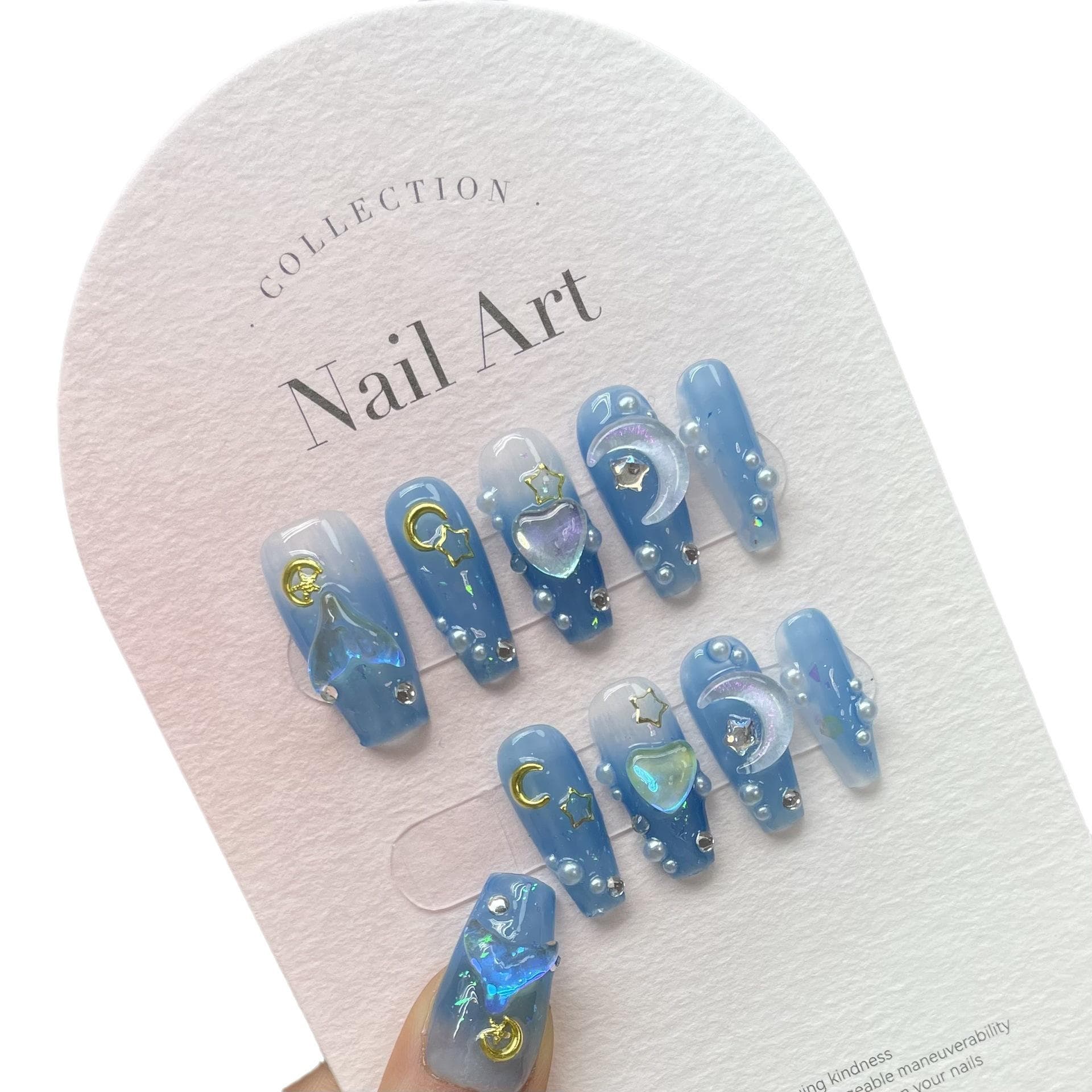 10Pcs Handmade Press on Nails Long Ballet Blue Fake Nails With 3D Ocean Moon Rhinestone Design False Nails Full Cover Nail Tips XS