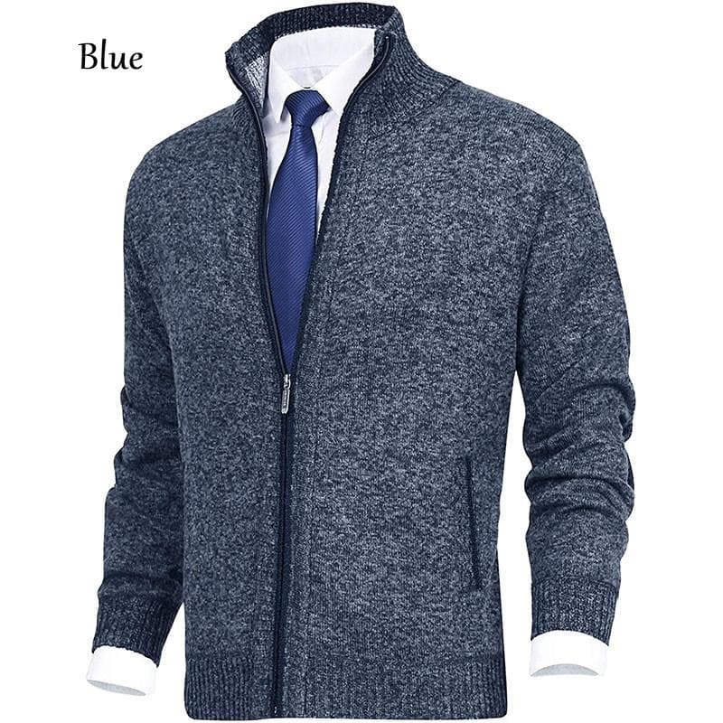 Men's Casual Knit Cardigan Sweaters Slim Fit Fleece Full Zip Thick Knitted Cardigan Winter Outwear L blue