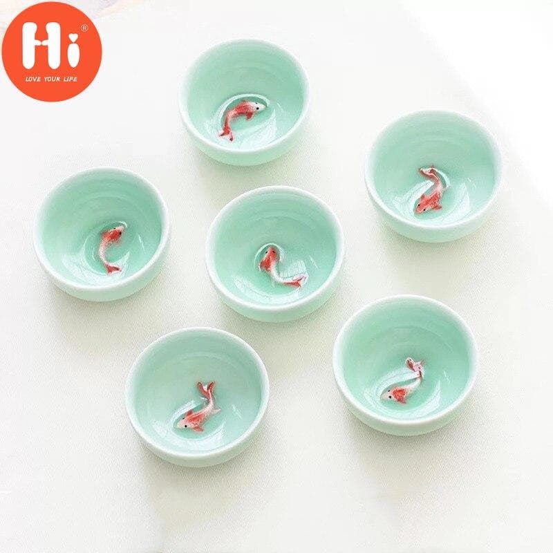 6Pcs/Set Office Tea Cup Creative Celadon 3D Fish Teacups Crackle Glaze Travel Tea Bowl Porcelain Kung Fu Water Mug Drinkware