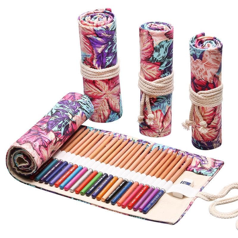 24 Holes Roll Art Pencil Case Korean Style Canvas Student Pencil Bag Paint Brush Art Holder Student Supplies Stationery Maple leaf