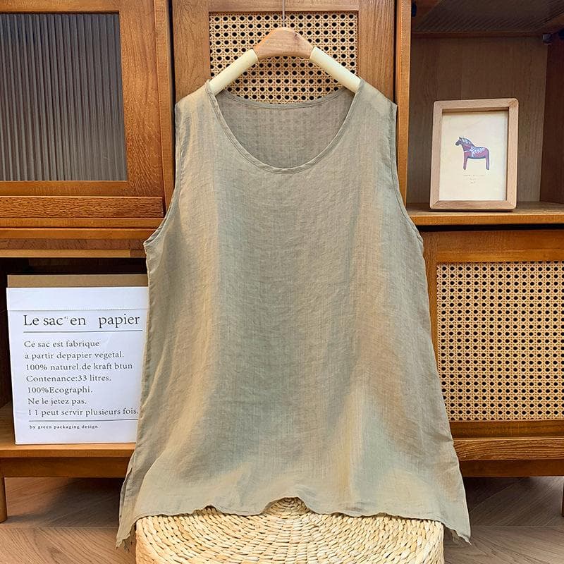 Lightweight Cotton and Linen Loose Sleeveless Vest Women's Summer Solid Color Shirt Women's Clothing M apricot