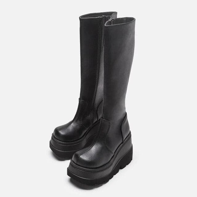 Platform Boots Women Wedge Knee High Boots Winter Ladies Shoes Leather Riding Zipper thick bottom Long Boots Autumn Fall 37 black