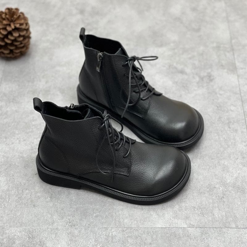 Johnature Genuine Leather Winter Boots Women Shoes Zip Round Toe Flat With Handmade Leisure Sewing Ankle Ladies Boots 37 black