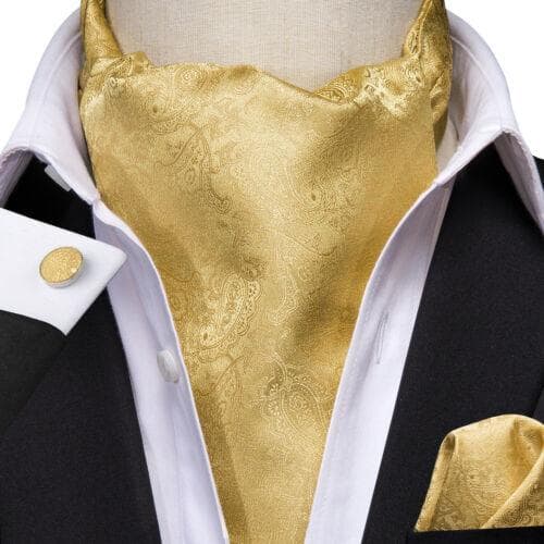 Gold Paisley Mens Silk Ascot Cravat Tie Formal Scarf Handkerchief Cufflinks Set AS-1006