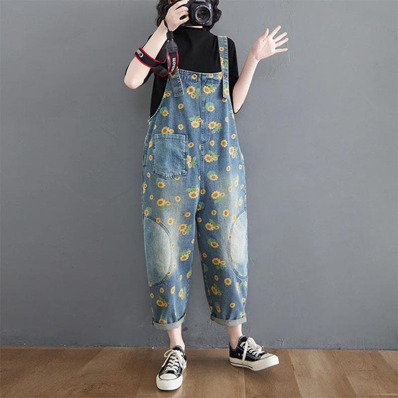 Women Denim Overalls, Sunflower Print Jumpsuits, Loose Wide Leg Pants, Oversized Baggy Ladies Pantst, Retro Trousers M