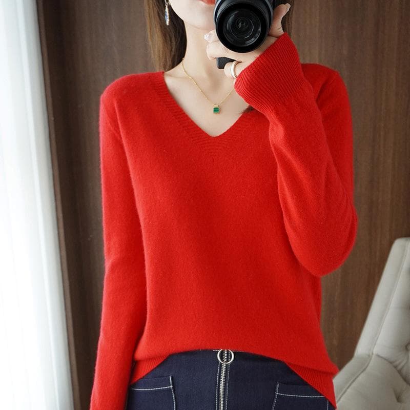 Women V-neck Bottoming Shirt Pullover Sweater Knitted Cashmere Fashion Loose Jumper Winter Top S