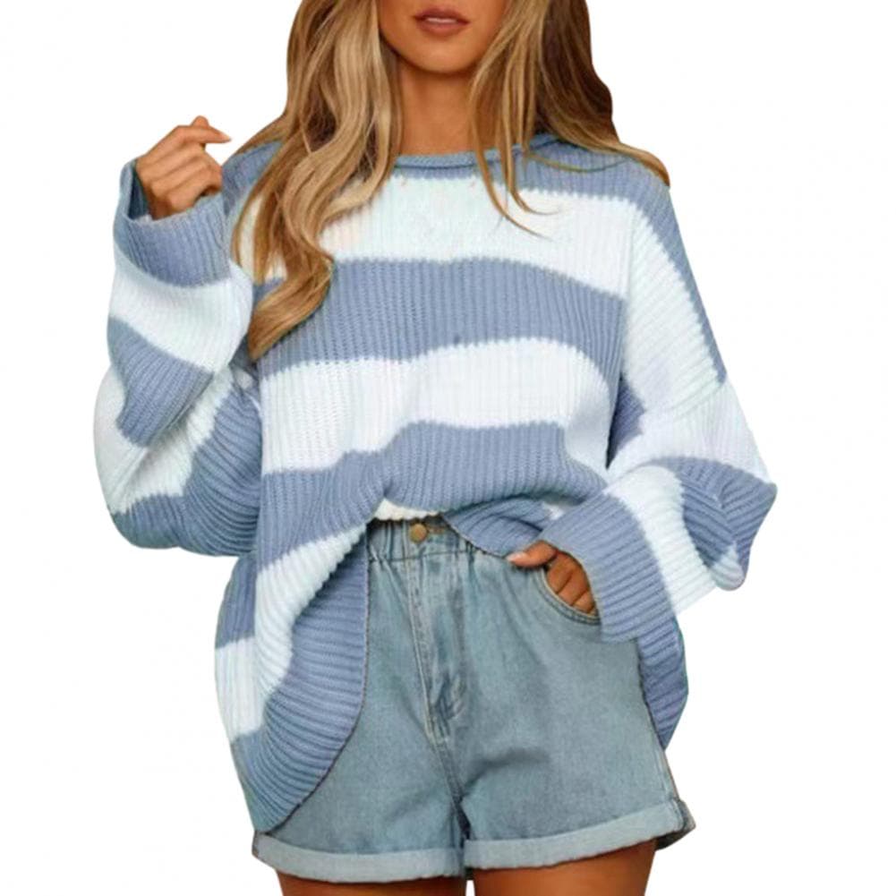 Fall Winter Women Sweater Colorblock Knitted Thick Loose Warm Pullover Round Neck Elastic Soft Cozy Anti-shrink Long Sleeve Lady L blue
