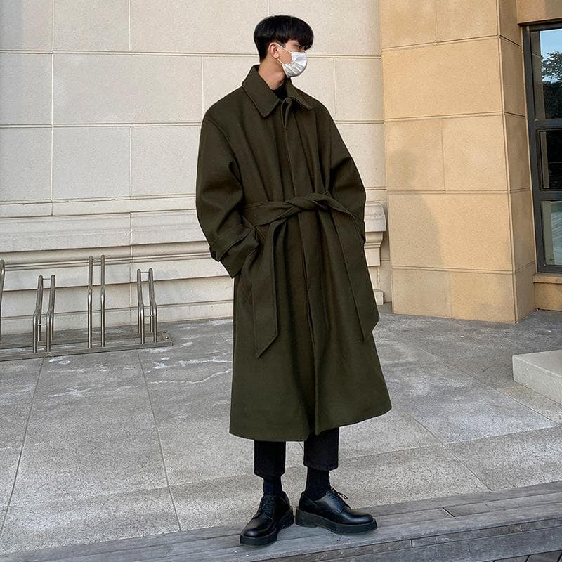Woolen Coat Men's Autumn and Winter Mid-length Loose Knee-length Windbreaker Korean Style British Thick Woolen Coat M