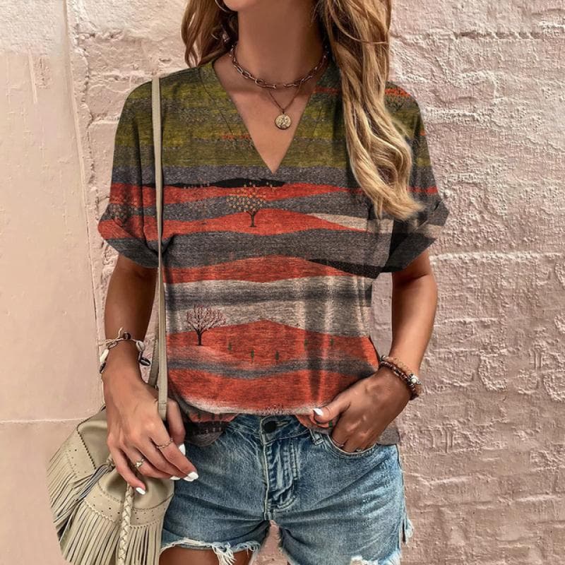 Retro Women's T-Shirt Summer V-Neck Short Sleeve Tee Casual Harajuku Stripe Print T Shirt for Women Streetwear Pullover Tops New 7XL