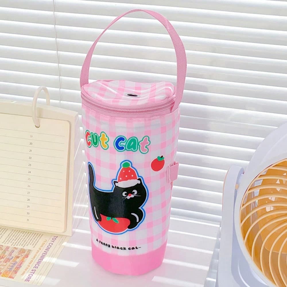 1pc Cute Cartoon Insulated Tumbler Bag With Handle & Straw - Durable Nylon Travel Mug Bag, Leak-Proof Portable Beverage Cup Bag pink