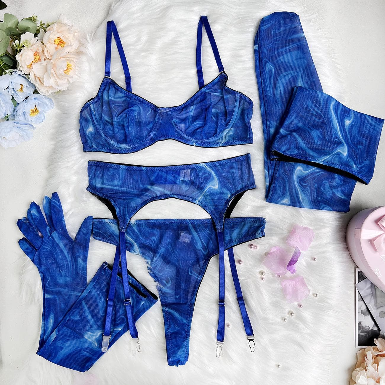 5Pcs Stockings Gloves Tie Dye Sexy Lingerie Set Fancy Underwear Women Intimate Mesh See Through Bra Sensual Outfits L blue