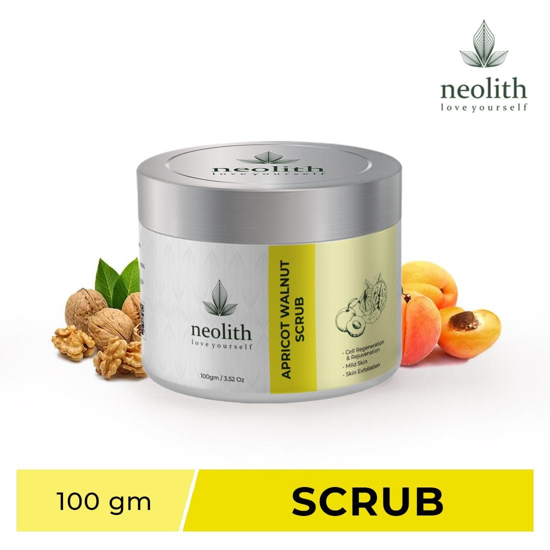 Neolith Apricot Walnut D Tan Scrub for Face & Body 100 gm || Lip scrub, Deep cleansing, Revitalizing || Paraben, Silicon & SLS Free || 100 GM yellow