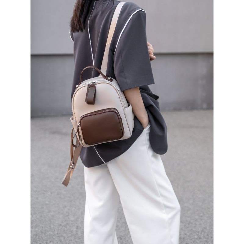 Retro Simple Contrasting Color Splicing Leather Small Backpack for Women's Backpack Commuting Light Travel Bag Soft Leather Book Bag