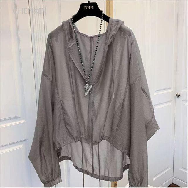 Jackets Women Hooded Summer Sun-proof Zipper Coats Thin Loose See Through Outerwear Breathable Outwear Lightweight Clothes Black M grey