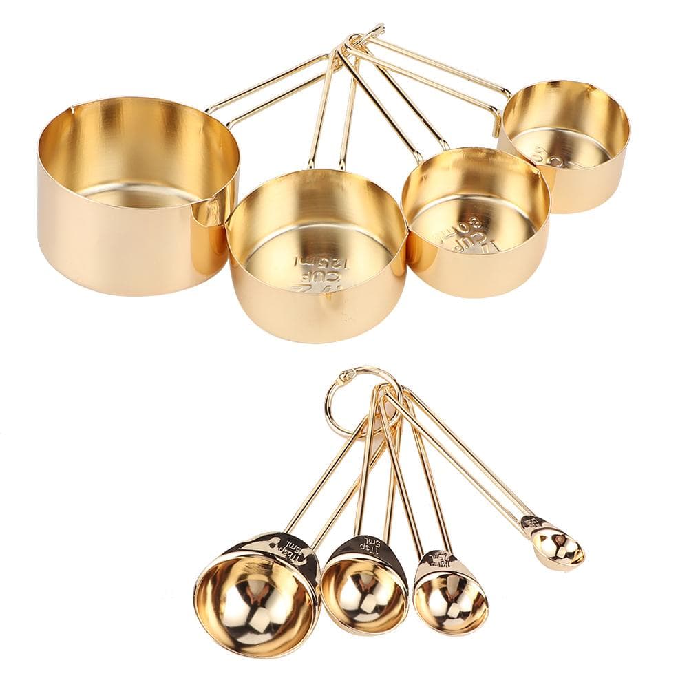 8Pcs Stainless Steel Measuring Cup Spoon Set with Scales Home Kitchen Baking AccessoryGold gold