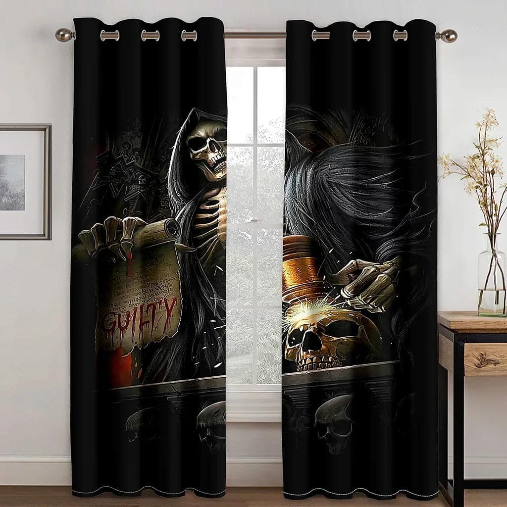 3D Horror Male Black Skull Curtains Pluck Chips Living Room Bedroom Balcony Window Decorative Curtains 2 Panels 50W160H(CM)X2PCS&Grommet Top