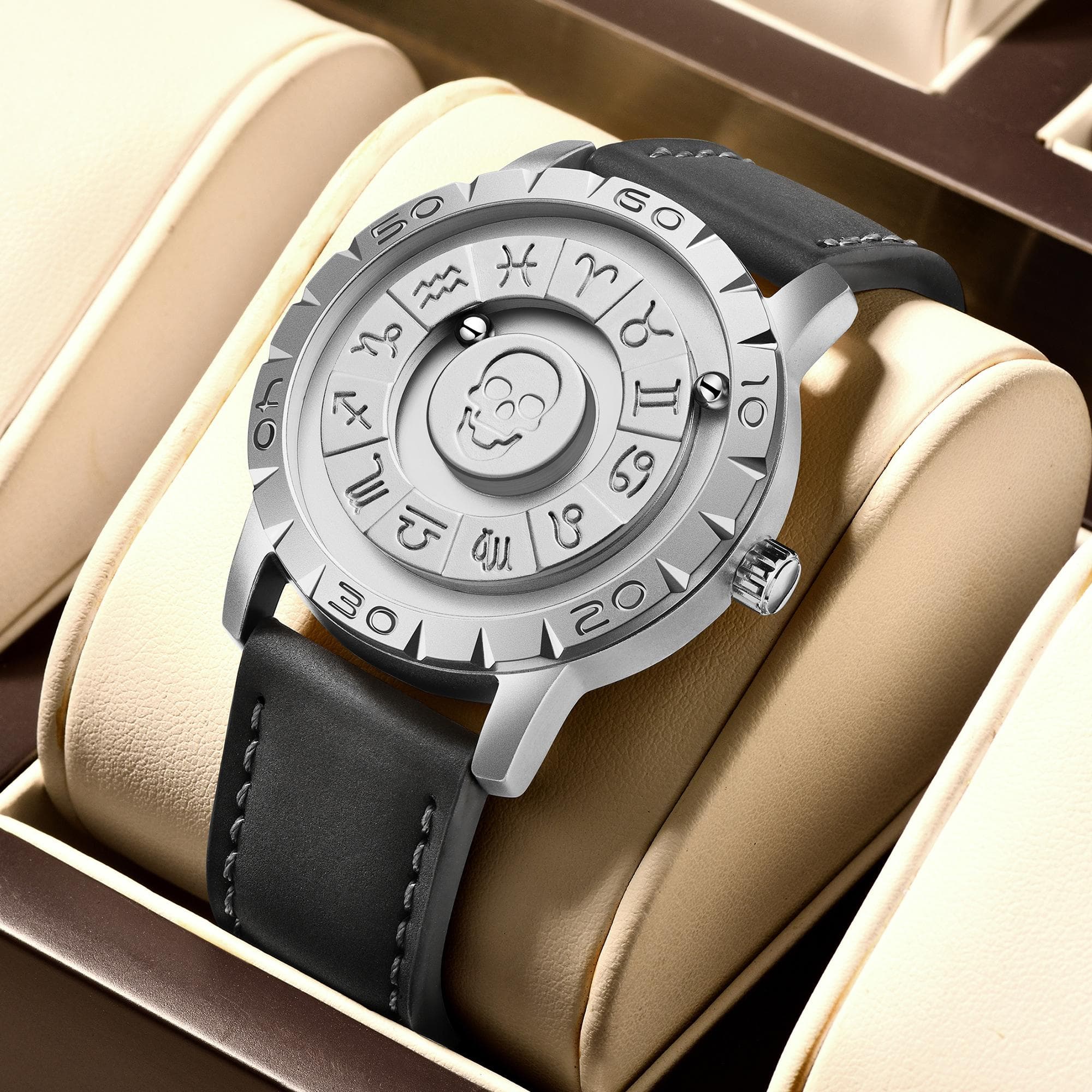 LIGE Brand FOXBOX New Personalized Original Men Quartz Watch Skull dial Magnetic Ball Design Waterproof Quartz Watch Men's Gift Leather strap silver