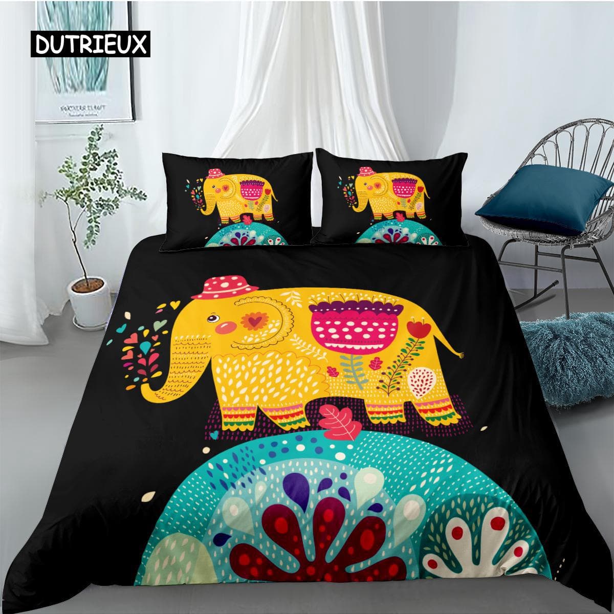 Elephant Duvet Cover Set Bohemian Style Decorative Quilt Cover Set Soft Microfiber Double Queen King Size Polyester Bedding Set US King(264x228cm)