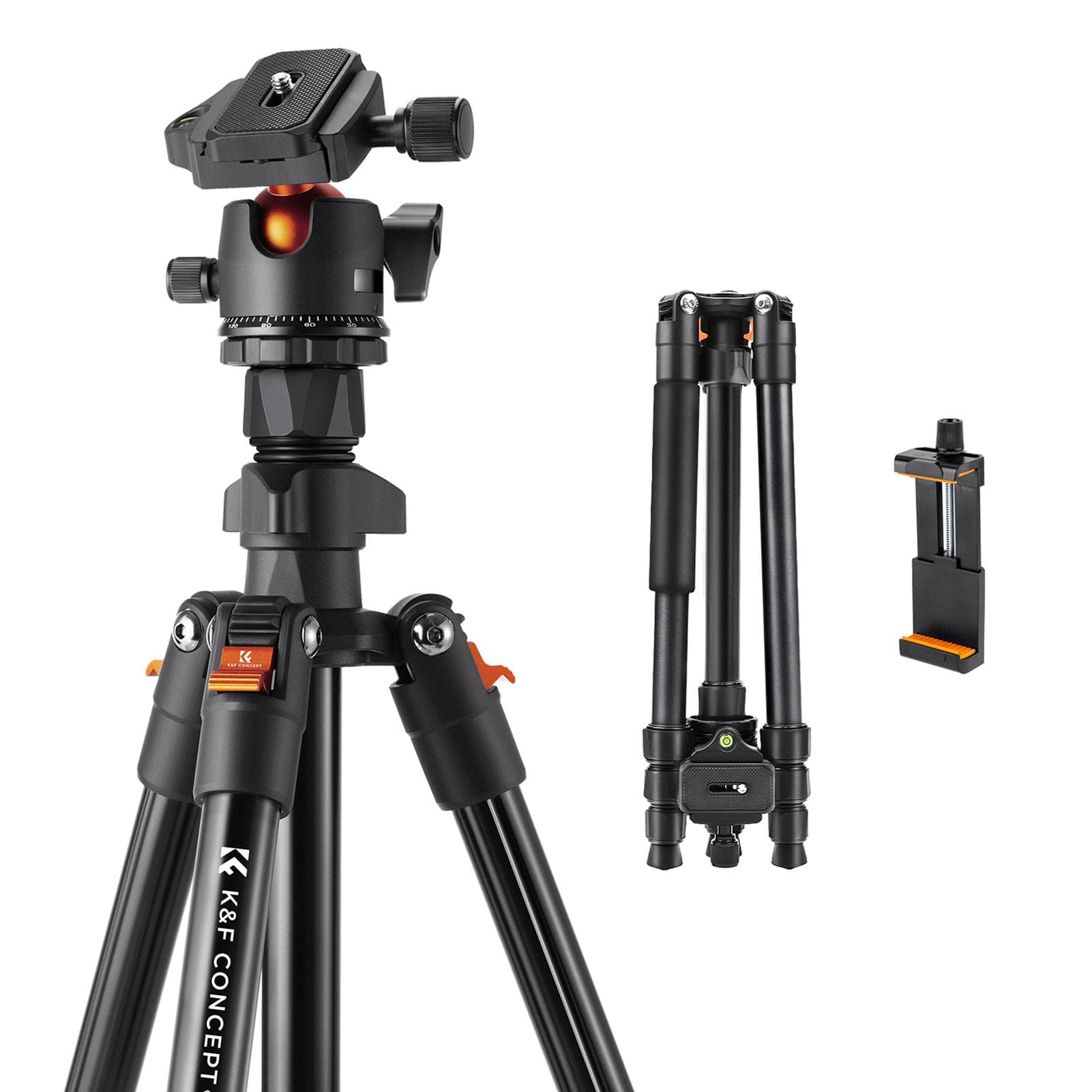 K&F CONCEPT 162cm/64.96in Portable Camera Tripod Stand Aluminum Alloy 8kg/17.6lbs Load Capacity black