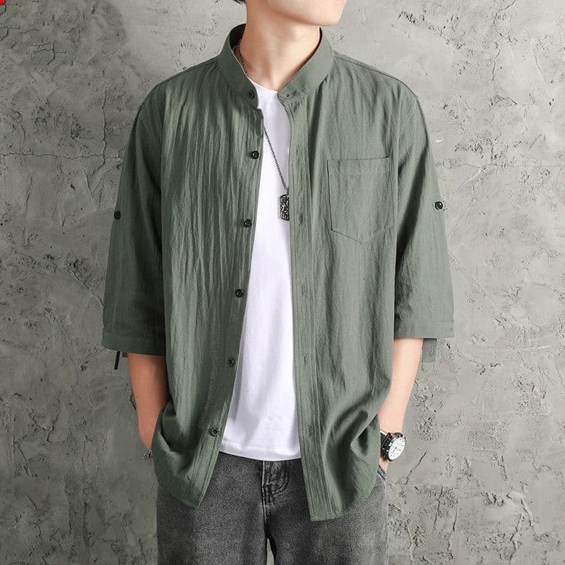 Shirt Men's Solid Color Shirt Loose Men's Summer Cotton Linen Men's Casual Coat 7/4 Sleeve Shirt 3XL green