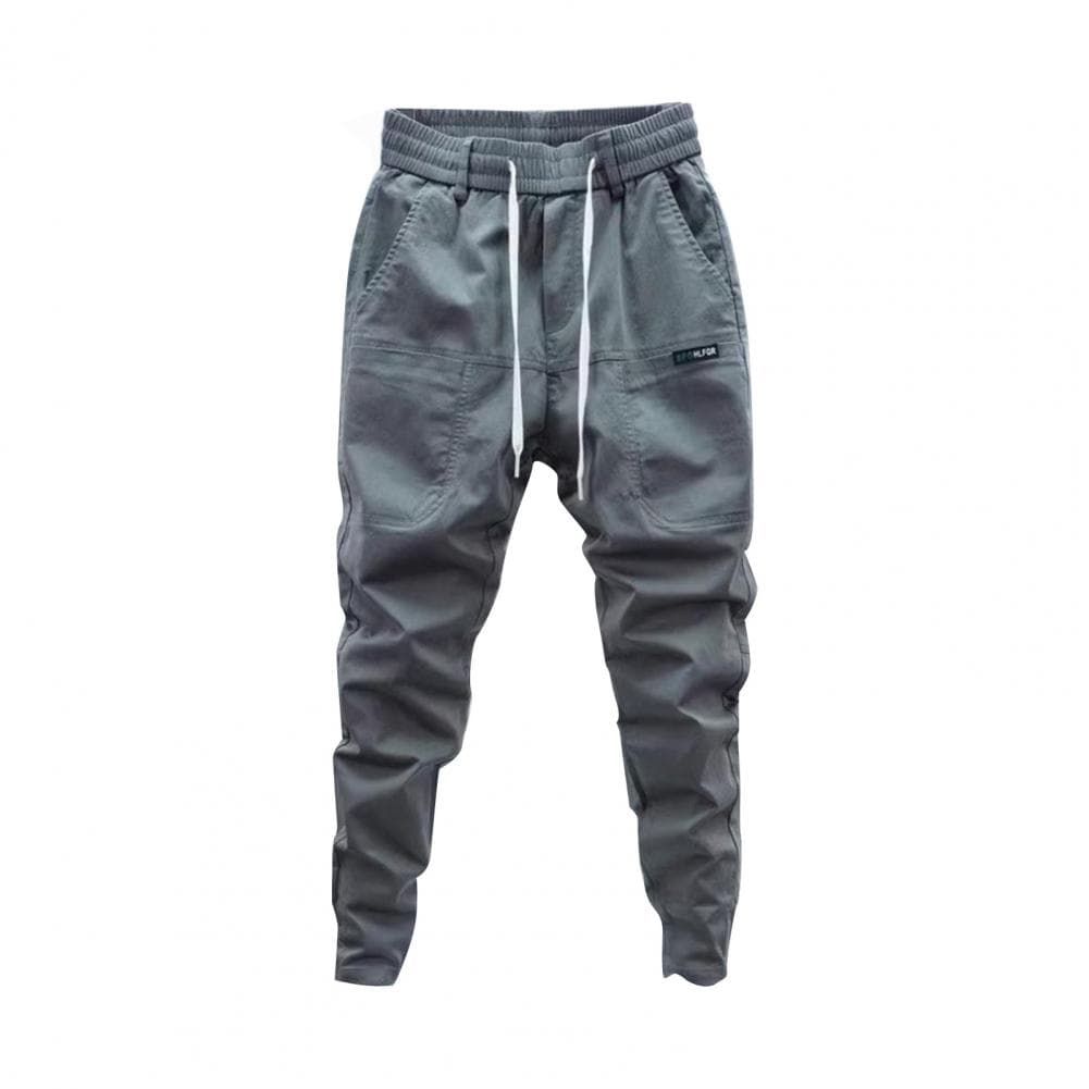 Modern Pocketed Joggers Men's Loose Fit Cargo Pants with Ankle-banded Drawstring Waist Solid Color Multiple Pockets for Fitness M grey