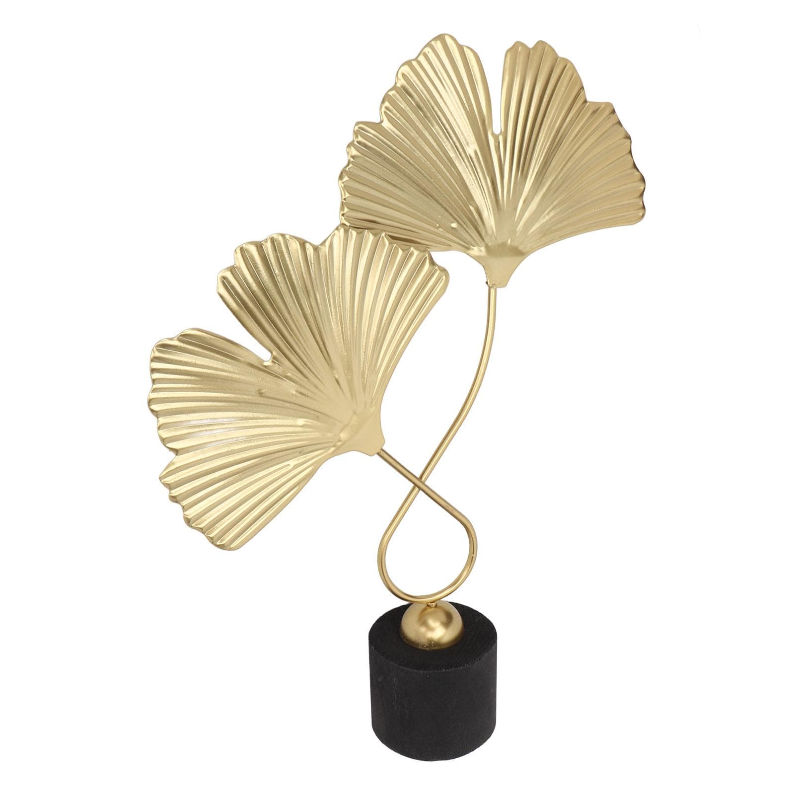 Leaf Statue Double Headed Ginkgo Shape Golden Attractive Decorative Metal Composite Wooden Base