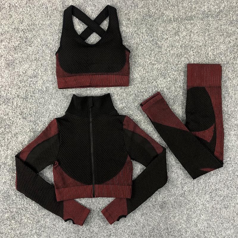 3PCS Seamless Women Yoga Set Workout Sportswear Gym Clothing Fitness Long Sleeve Crop Top High Waist Leggings Sports Suits L
