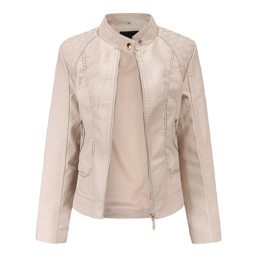 Women Autumn Winter Solid Color Stand Collar Long Sleeve PU Leather Jacket S-4XL M beige