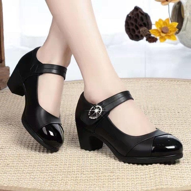 Women's Moccasins Thick Heels Soft Soles High Heels Women's Leather Comfortable Mid-heel Buckle Single Thick Heel Shoes 39 black